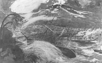 Drawing of the St. Pierre, Martinique, harbor during the 1912 eruption of Mont Pele